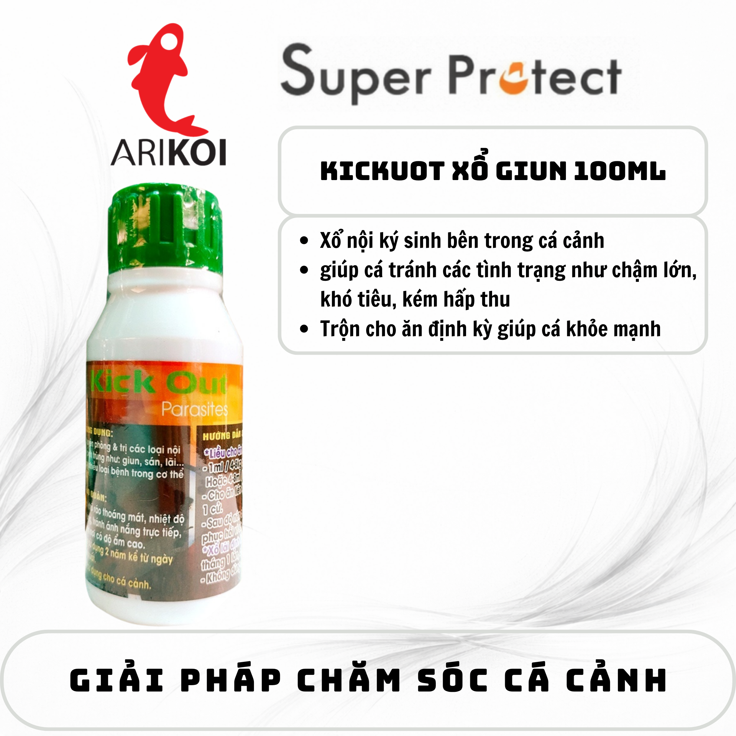Kickuot 100ml diệt nội ký sinh giun sán giúp cá hấp thu tốt thức ăn, hỗ trợ tiêu hoá cho cá Koi, cá Rồng