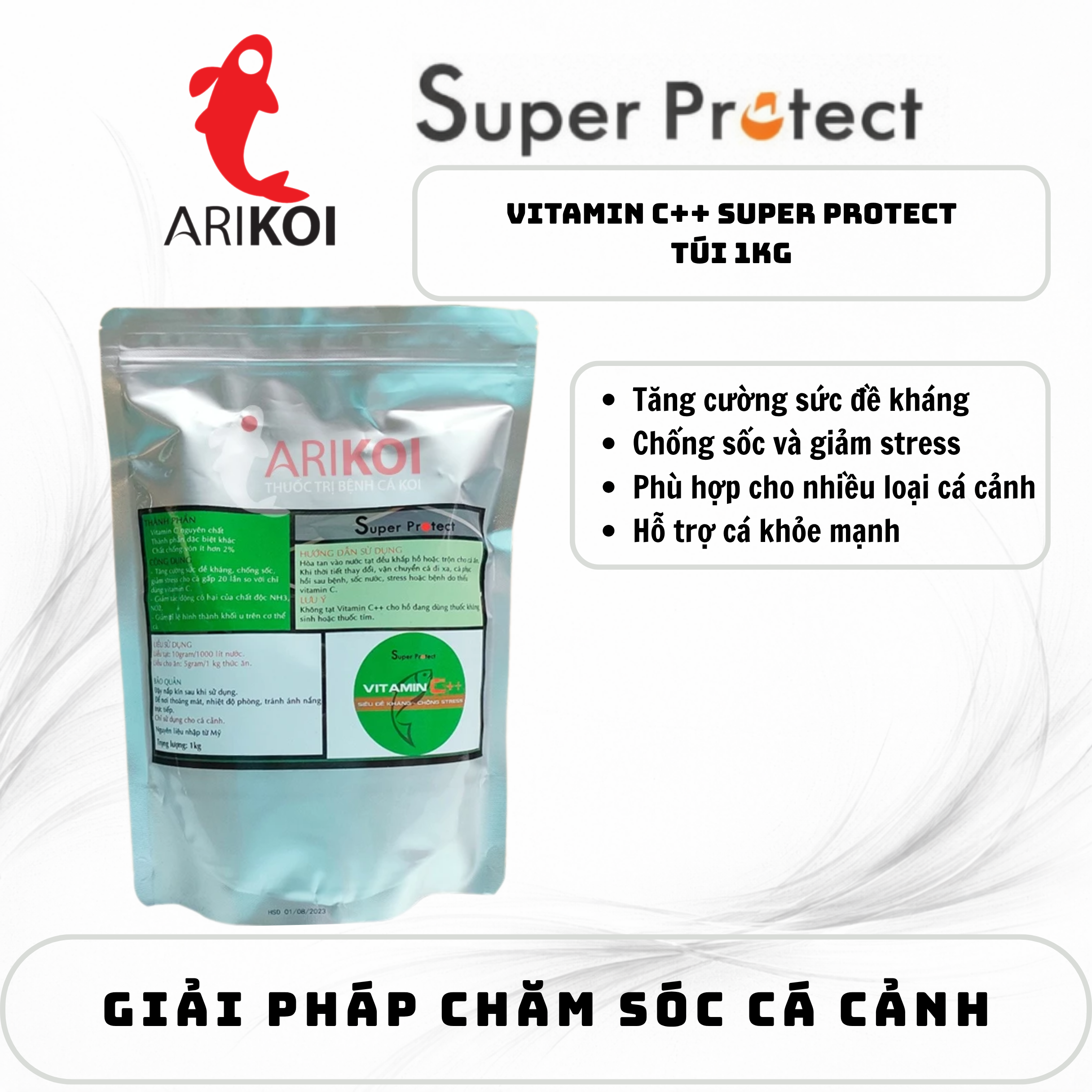 Vitamin C cho cá Koi, cá cảnh tăng sức đềkháng, giảm nguycơ khối.u giảm stres gói 1000gr